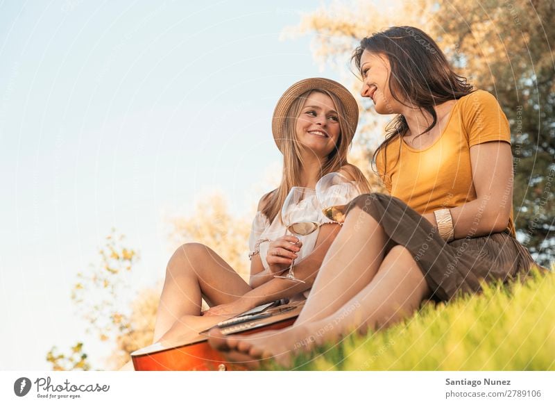 Schöne Frauen, die im Park Wein trinken. Picknick Freundschaft Jugendliche Glück Glas Gitarre Gitarrenspieler Sommer Mensch Freude Musik Erwachsene Mädchen