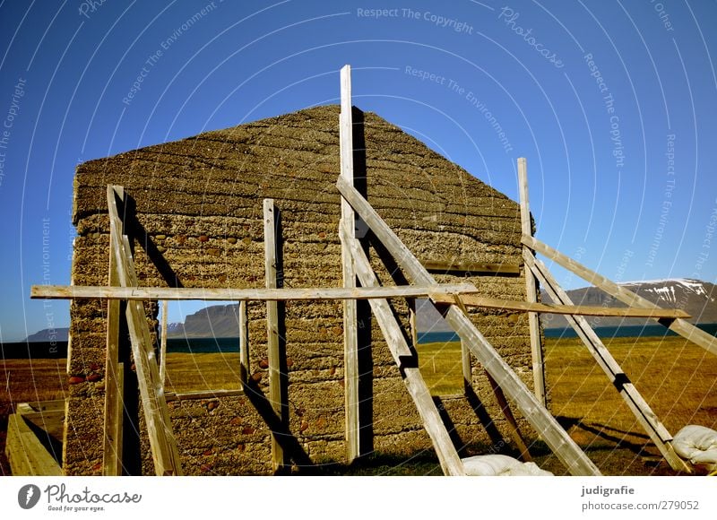 Island Umwelt Natur Landschaft Himmel Schönes Wetter Selárdalur Haus Hütte Ruine Bauwerk Mauer Wand Fassade kaputt Vergangenheit Vergänglichkeit