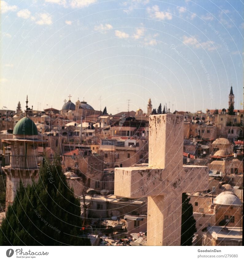 Der Ursprung. Das Ende? Jerusalem Stadt Stadtzentrum Altstadt überbevölkert Haus Turm Fassade Kreuz alt Wärme Farbfoto Außenaufnahme Tag Licht Kontrast