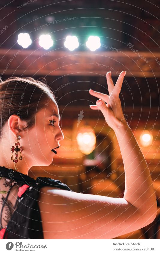 Frau im Kleid tanzt Flamenco in der Szene Flamencotänzer Tanzen Show Reichtum Mosaik Raum Stuhl Design Dame schön Möbel Schminke Innenarchitektur Tradition