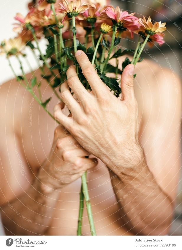 Junger Mann mit rosa Blüten Blume Blumenstrauß Haufen Typ frisch Jugendliche ohne Hemd Rose Überraschung Chrysantheme Geschenk romantisch Haare & Frisuren