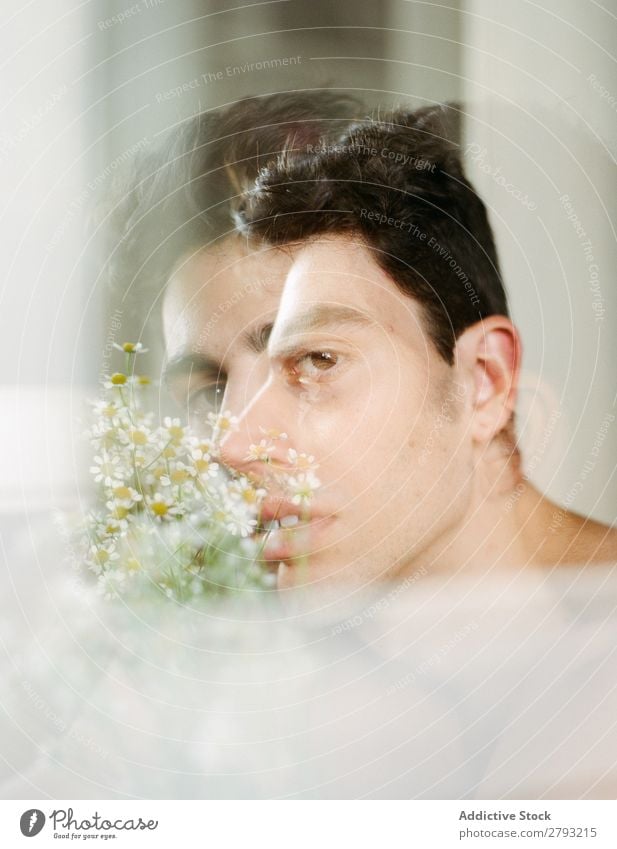 Junger Mann mit Blumenstrauß im Mund Haufen Typ frisch Jugendliche brünett weiß ohne Hemd Überraschung Geschenk romantisch Gänseblümchen Haare & Frisuren