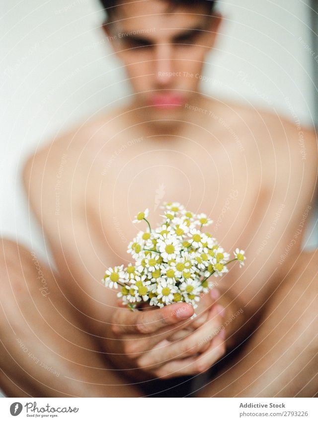 Junger Mann mit einem Blumenstrauß in den Händen. Mund Haufen Typ frisch Jugendliche brünett weiß ohne Hemd Überraschung Geschenk romantisch Gänseblümchen