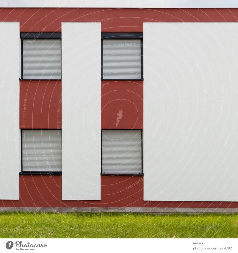 Ende. Garten Haus Bauwerk Gebäude Architektur Mauer Wand Fassade Fenster Beton Linie Streifen authentisch einfach modern positiv Klischee braun rot Angst