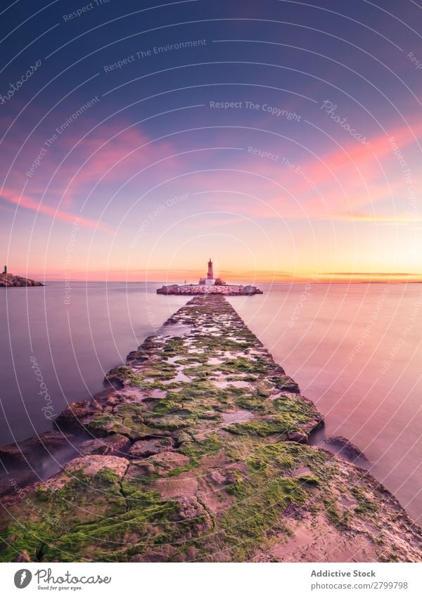 Rauher Weg zur Insel mit Leuchtturm Wege & Pfade Meer Inselchen rau Stein Sonnenaufgang Morgen Himmel Ferien & Urlaub & Reisen Wasser Schaden Leuchtfeuer