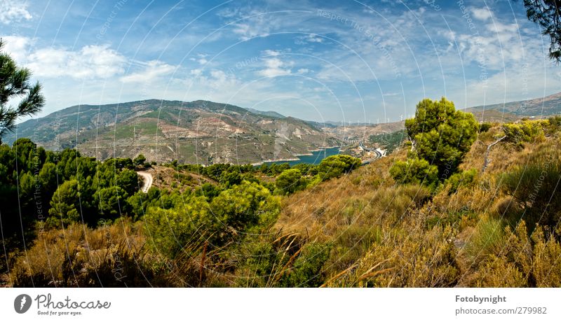 Spanisches Panorama Landschaft Sommer Schönes Wetter Sträucher Hügel Berge u. Gebirge Ferne frei natürlich Stadt blau grün Erholung Ferien & Urlaub & Reisen