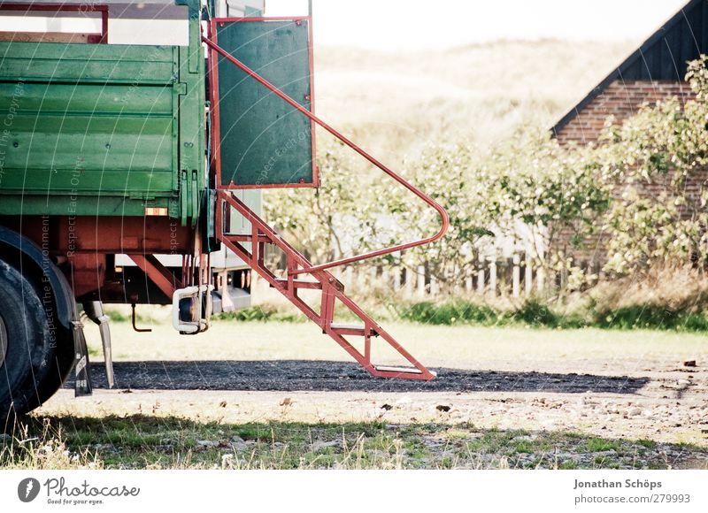 rote Treppe Umwelt Natur Schönes Wetter natürlich Bauernhof ländlich Transportfahrzeug Wagen Traktor Bus Dänemark Verkehr grün Komplementärfarbe Sträucher