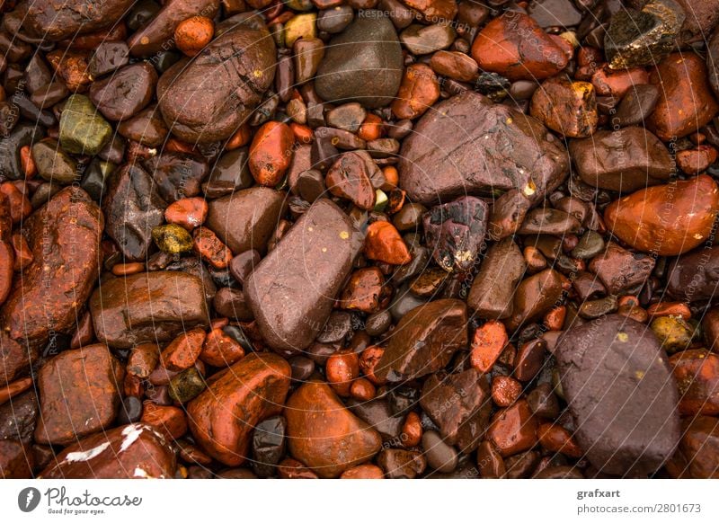 Nasse rote Kieselsteine an der Atlantikküste in Schottland hintergrund strand kiesstrand schön braun nahaufnahme farbig dekorativ design detail unterschied