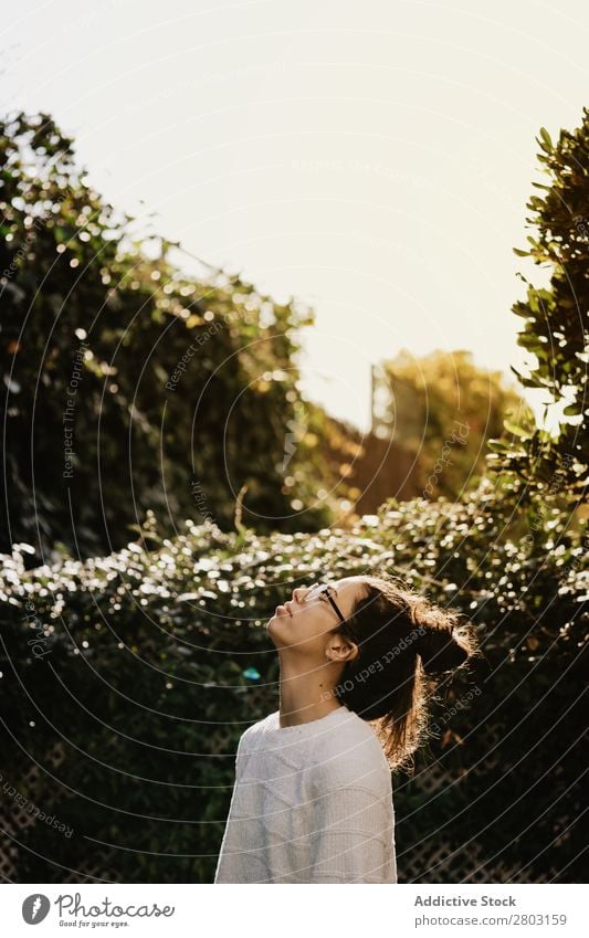 Junge Frau, die im Hof aufschaut. Garten Sträucher aufschauend Jugendliche Sonnenstrahlen Tag Sommer Stil lässig trendy Park harmonisch Idylle ruhig