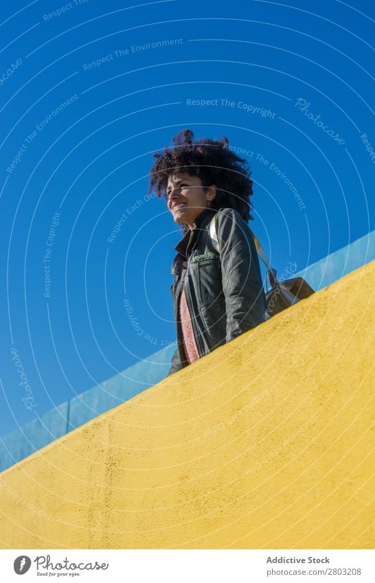 Schwarze Frau mit Afrohaar, die sich an bunte Wände lehnt. Erwachsene Afrikanisch Afro-Look Amerikaner Hintergrundbild schön Beautyfotografie schwarz blau