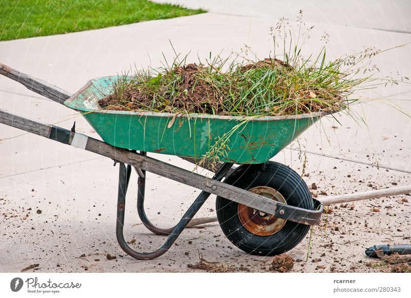 Alte Schubkarre läuft noch Sommer Garten Arbeit & Erwerbstätigkeit Erde Gras alt Rasen Hof Gartenarbeit repariert gebrochen Fahrweg Frühling schaufeln Farbfoto