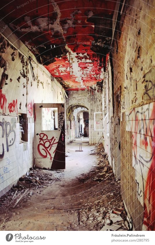 warteraum². Haus Industrieanlage Fabrik Ruine Fassade Fenster Tür alt sitzen Armut bedrohlich dunkel gruselig hässlich kalt rot Gastfreundschaft authentisch