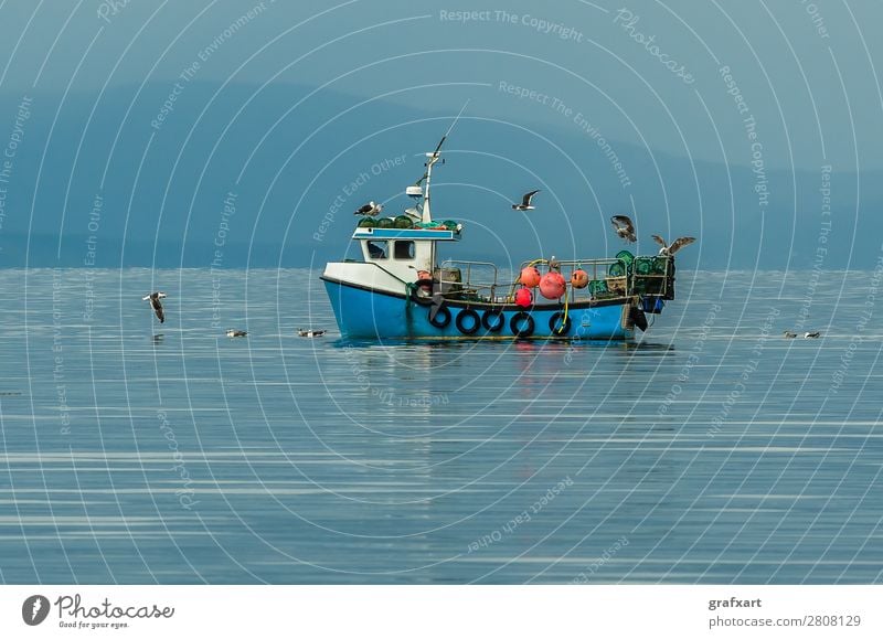 Kleines Fischerboot mit Möwen am Atlantik in Schottland Wasserfahrzeug Business fangen Angeln Fischereiwirtschaft gairloch Großbritannien Hebriden Horizont