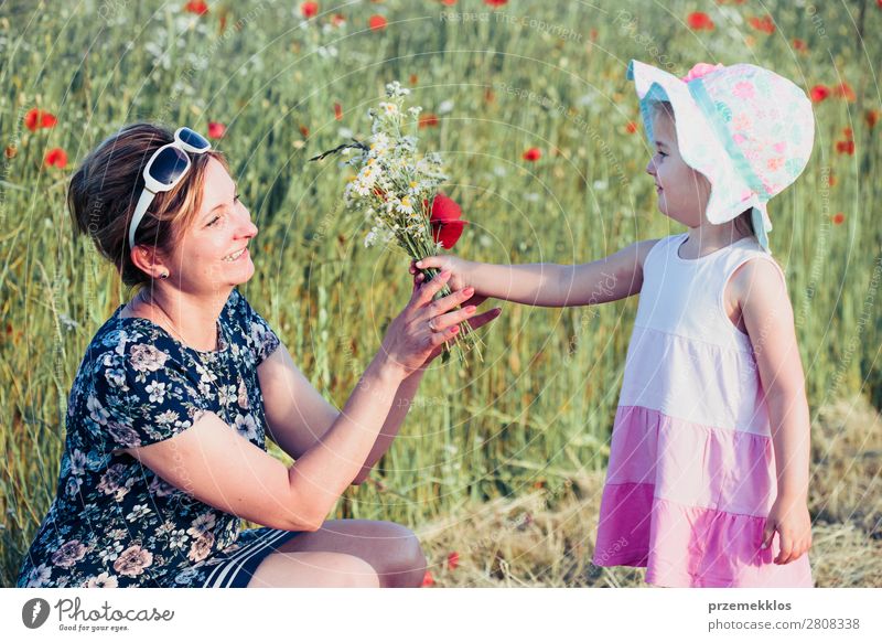 Mutter und ihre kleine Tochter auf dem Feld der Wildblumen Lifestyle Freude Glück schön Sommer Garten Kind Mensch Frau Erwachsene Eltern