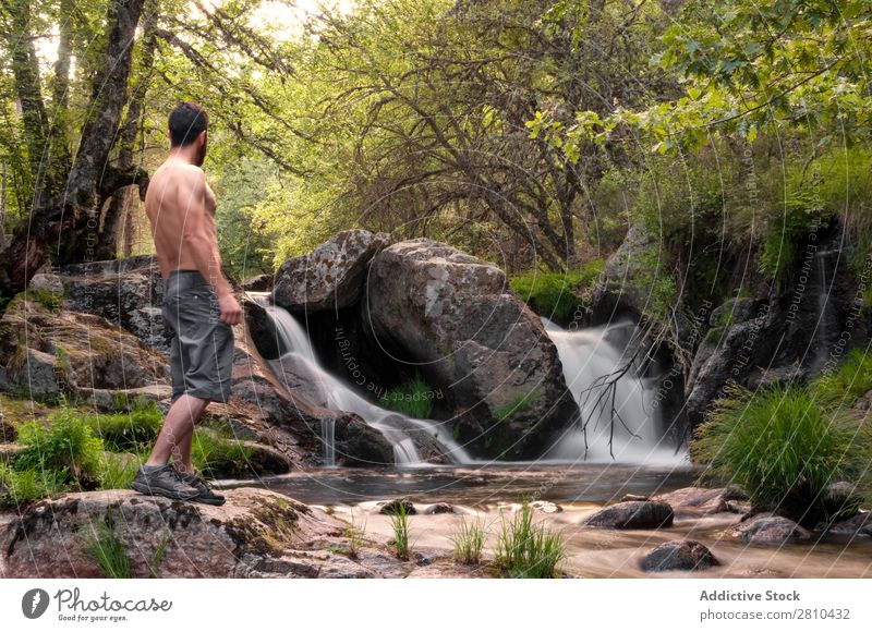 Junger Mann ruht sich am Wasserfall aus. Natur Sommer Ferien & Urlaub & Reisen genießend Gesundheit Körper Entwurf grün frisch gutaussehend Mensch Lifestyle