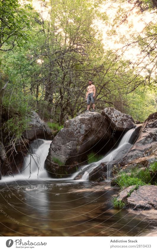 Junger Mann ruht sich am Wasserfall aus. Natur Sommer Ferien & Urlaub & Reisen genießend Gesundheit Körper Entwurf grün frisch gutaussehend Mensch Lifestyle