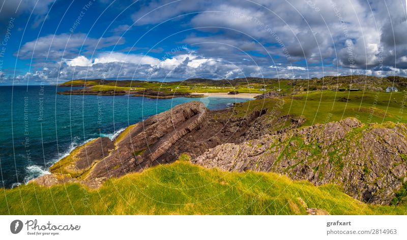 Sandstrand Clachtoll Beach und Campingplatz in Schottland Atlantik Bucht clachtoll beach Einsamkeit Erholung Großbritannien Klima Klimawandel Klippe Lagune