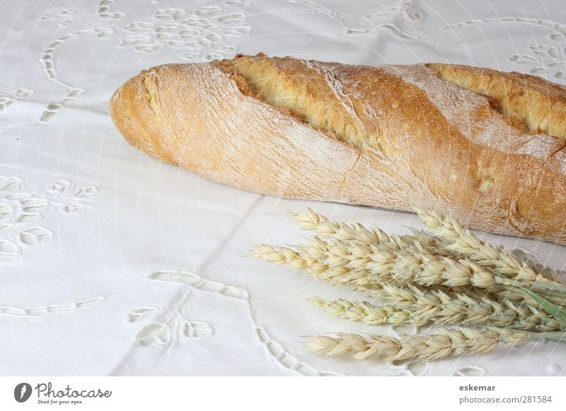 Baguette Lebensmittel Getreide Teigwaren Backwaren Brot Weißbrot Pane rustico Frühstück Abendessen Tischwäsche weiß Stangenbrot Stickereien gestickt rustikal