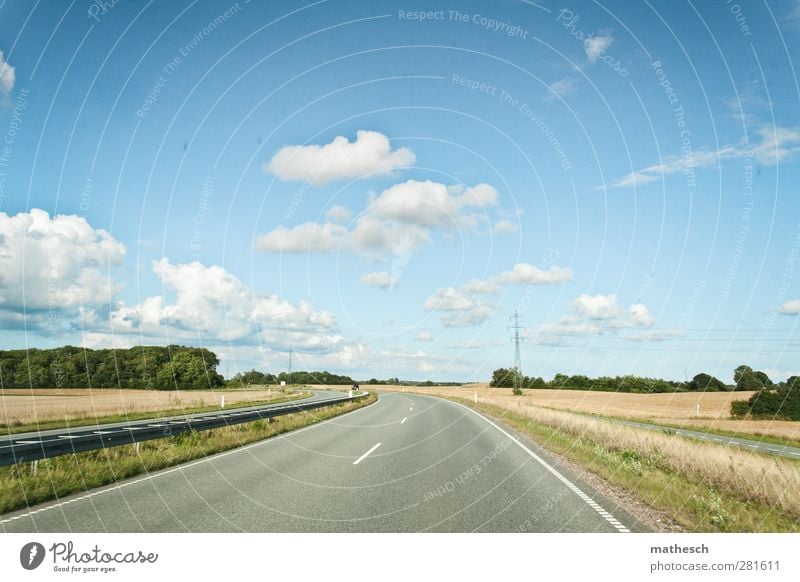 endspurt Ferien & Urlaub & Reisen Sommer Energiewirtschaft Strommast Landschaft Himmel Wolken Schönes Wetter Baum Gras Sträucher Feld Wald Straße Autobahn