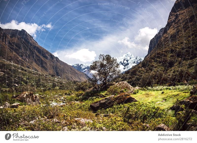 Schönes Tal in Huaraz, Peru, Südamerika Abenteuer Anden Hintergrundbild schön blanca blau Wolken Kordilleren Ausflugsziel grün wandern huaraz huascaran See