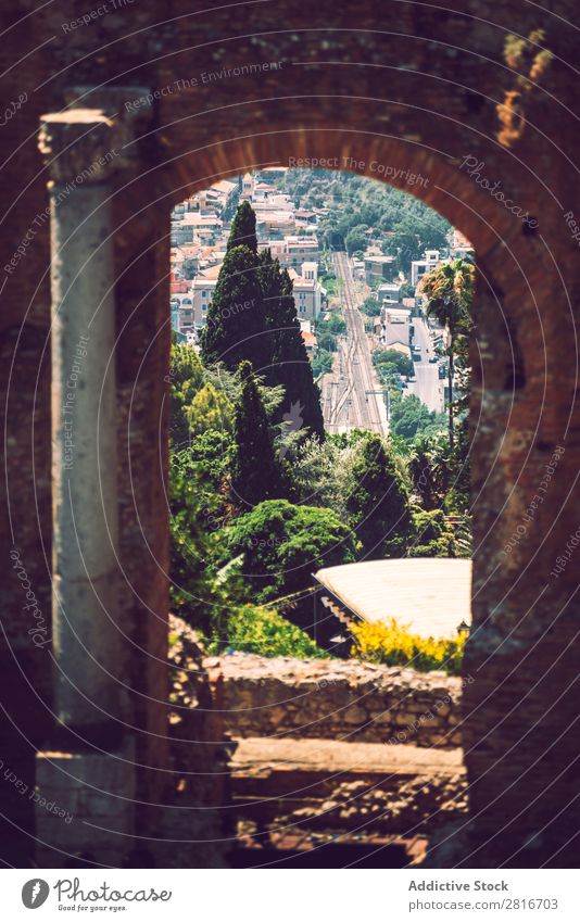 Detailansicht von Taormina, Sizilien, Italien Ätna Italienisch Meer Insel Berge u. Gebirge Theater Aussicht alt Griechen Dorf historisch Architektur