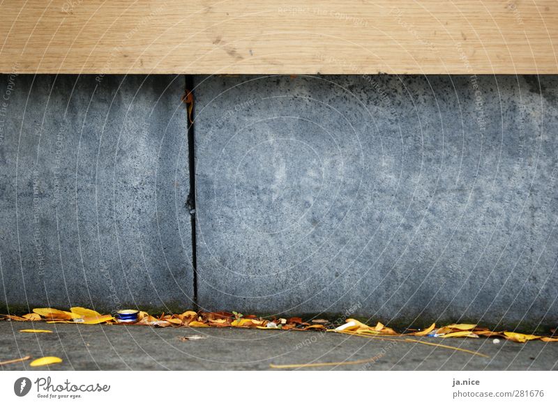 Auf dem Boden geblieben Herbst Mauer Wand Straße Stein Beton Holz Stadt gelb grau orange ästhetisch Bank Blatt Farbfoto Außenaufnahme Nahaufnahme