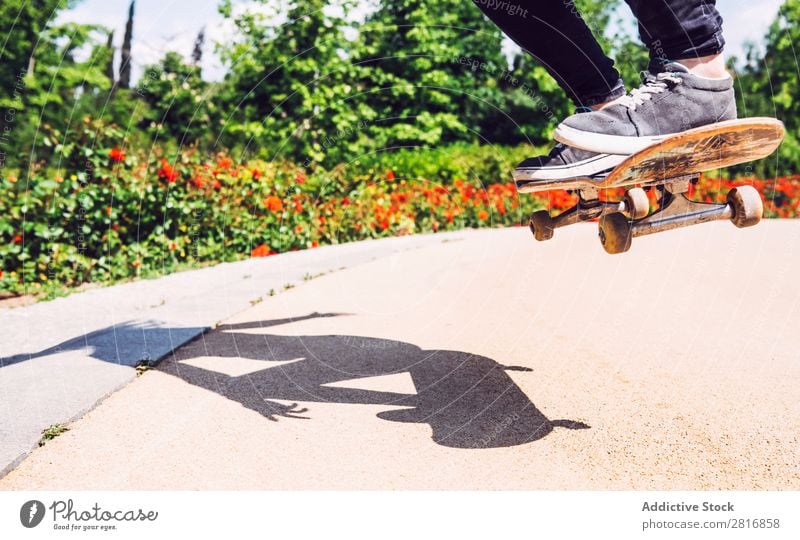 Skateboarderin, die Ollie im Park übt. asiatisch Aktion Außenaufnahme Sonnenlicht Rampe Skateboarding verpflichtet entschlossen Bewegung Mensch 1 Frau Energie