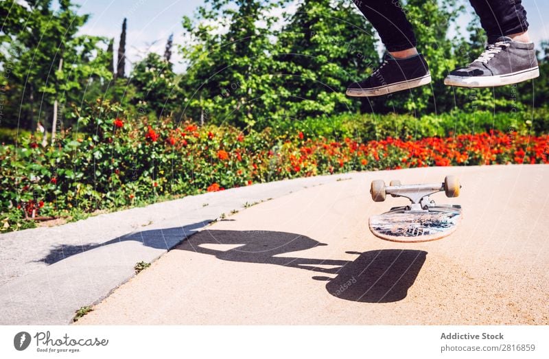 Skateboarderin, die Ollie im Park übt. asiatisch Aktion Außenaufnahme Sonnenlicht Rampe Skateboarding verpflichtet entschlossen Bewegung Mensch 1 Frau Energie