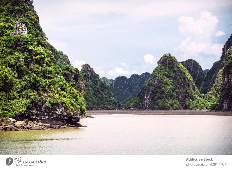 Malerische Meereslandschaft. Ha Long Bay, Vietnam Halong Bay Bucht Asien Insel Wahrzeichen blau asiatisch Kreuzfahrt grün Baum Süden Vietnamesen Wasserfahrzeug