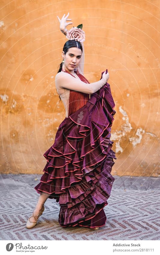 Flamenco-Tänzerin in den Straßen von Sevilla Flamencotänzer Tanzen Kostüm typisch Spanien Spanisch Andalusia Frau Jugendliche brünett Blume rassisch Model