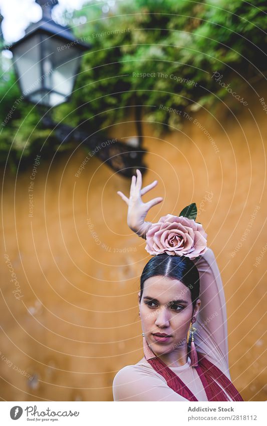 Flamenco-Tänzerin in den Straßen von Sevilla Flamencotänzer Tanzen Kostüm typisch Spanien Spanisch Andalusia Frau Jugendliche brünett Blume rassisch Model