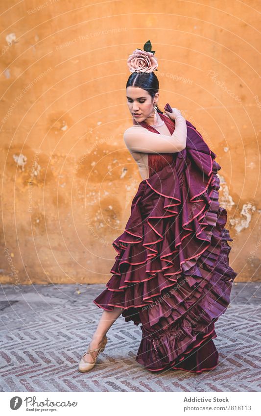 Flamenco-Tänzerin in den Straßen von Sevilla Flamencotänzer Tanzen Kostüm typisch Spanien Spanisch Andalusia Frau Jugendliche brünett Blume rassisch Model