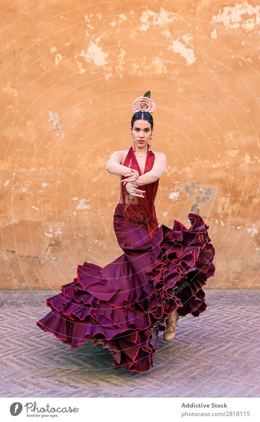 Flamenco-Tänzerin in den Straßen von Sevilla Flamencotänzer Tanzen Kostüm typisch Spanien Spanisch Andalusia Frau Jugendliche brünett Blume rassisch Model