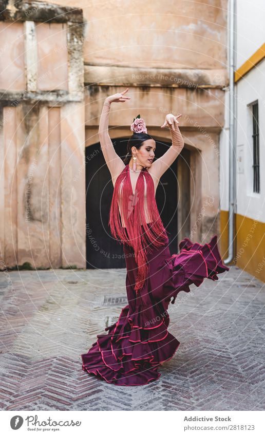 Flamenco-Tänzerin in den Straßen von Sevilla Flamencotänzer Tanzen Kostüm typisch Spanien Spanisch Andalusia Frau Jugendliche brünett Blume rassisch Model