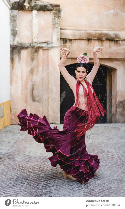 Flamenco-Tänzerin in den Straßen von Sevilla Flamencotänzer Tanzen Kostüm typisch Spanien Spanisch Andalusia Frau Jugendliche brünett Blume rassisch Model