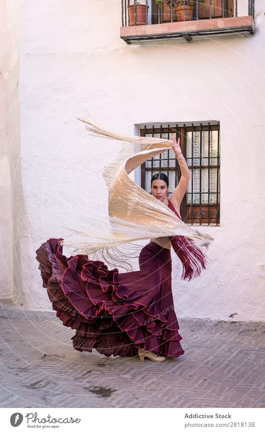 Flamenco-Tänzerin in den Straßen von Sevilla Flamencotänzer Tanzen Kostüm typisch Spanien Spanisch Andalusia Frau Jugendliche brünett Blume rassisch Model