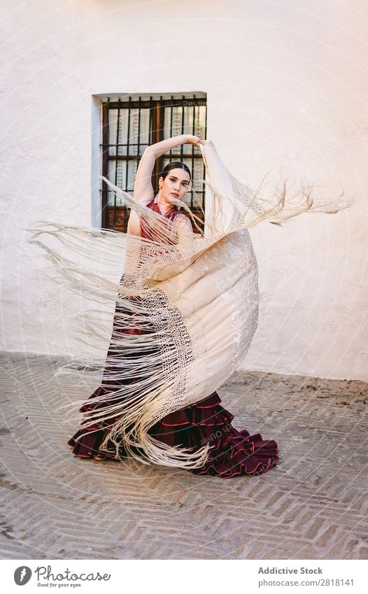 Flamenco-Tänzerin in den Straßen von Sevilla Flamencotänzer Tanzen Kostüm typisch Spanien Spanisch Andalusia Frau Jugendliche brünett Blume rassisch Model