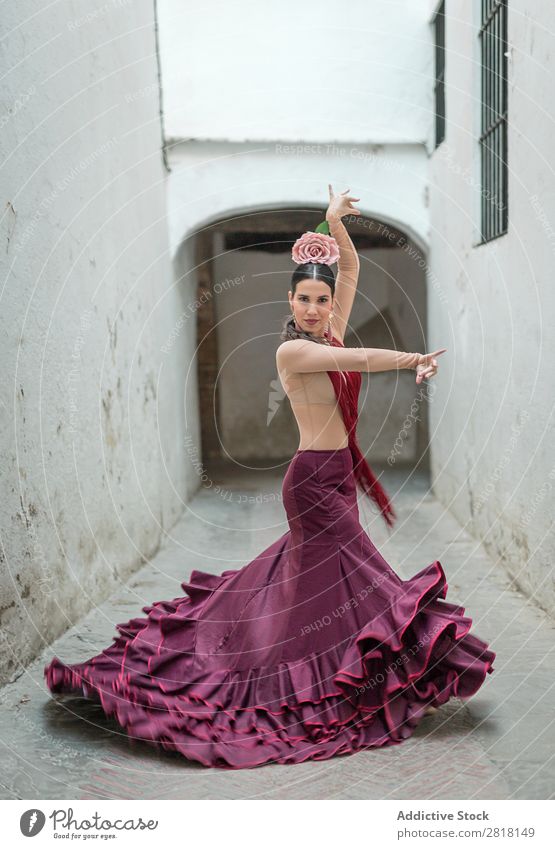 Flamenco-Tänzerin in den Straßen von Sevilla Flamencotänzer Tanzen Kostüm typisch Spanien Spanisch Andalusia Frau Jugendliche brünett Blume rassisch Model