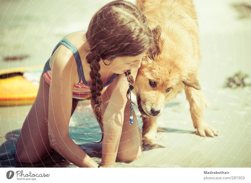 Strandspiele Freude Ferien & Urlaub & Reisen Sommer Sommerurlaub Meer feminin Kind Mädchen Kindheit 1 Mensch 8-13 Jahre Sand Wasser Zopf Haustier Hund Elo Welpe