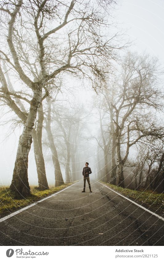 Mann auf nebliger Straße stehend Wald Nebel Herbst Mensch Natur Asphalt Licht Landschaft Morgen Jahreszeiten Blatt schön Wetter Länder Park mehrfarbig elegant