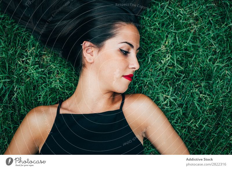 Fröhliche brünette Frau im Gras liegend hübsch Jugendliche schön heiter lügen Natur attraktiv Mensch Beautyfotografie Erwachsene Stil niedlich Lifestyle Dame