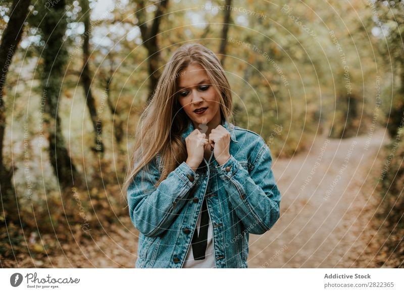 Stilvolles Modell in herbstlichem Holz Frau Wald Herbst träumen genießen trendy romantisch feminin Abenteuer Saison Natur Menschliches Gesicht Landschaft