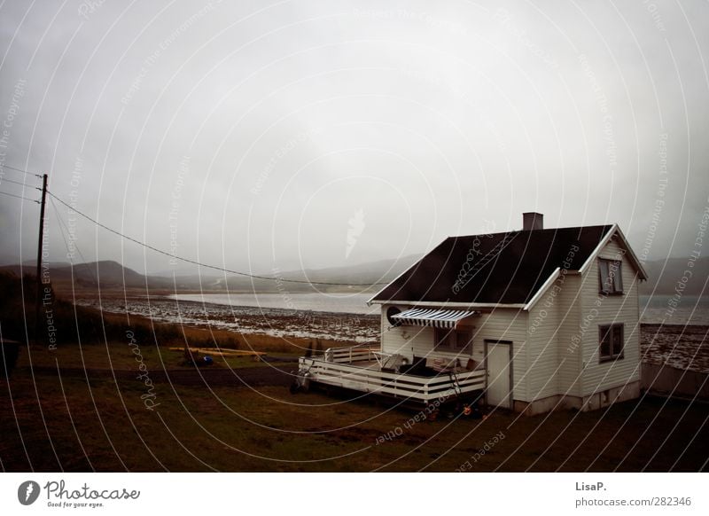 So lonely Häusliches Leben Wohnung Haus Umwelt Natur schlechtes Wetter Nebel Küste Nordsee See Fischerdorf Menschenleer Einfamilienhaus Hütte Garten Fenster Tür