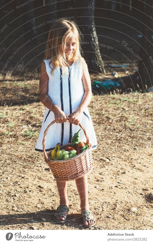 Anonymes Kind mit Obstkorb Mädchen Korb Frucht Gemüse Sommer Landwirtschaft Landschaft Natur Ernte Vitamine frisch Lebensmittel organisch Beautyfotografie