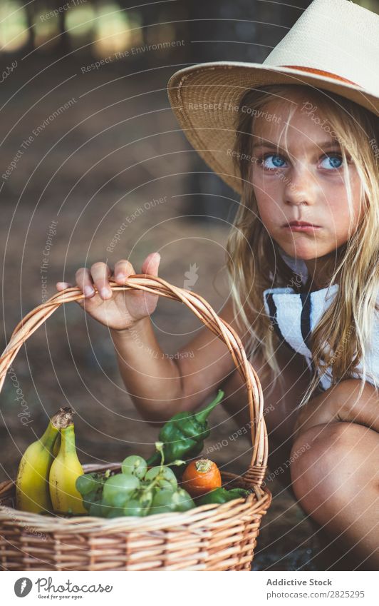 Kind isst Obst aus dem Korb Mädchen Essen Ernte Frucht Garten Gemüse Sommer Stil ländlich Landwirtschaft organisch Landschaft Natur Jahreszeiten Picknick