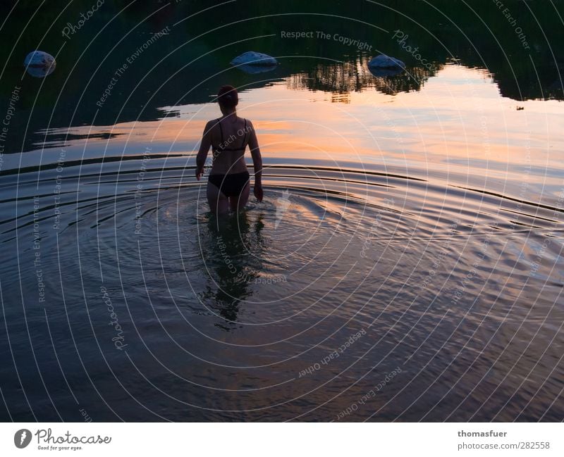 Najade beim Bade Schwimmen & Baden Sommer Seeufer Mensch feminin Frau Erwachsene 1 Wasser Himmel Schönes Wetter stehen ästhetisch schön dünn Erotik orange rosa