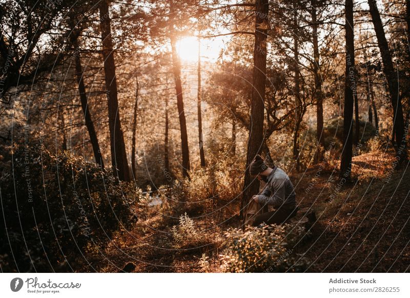 Mann im Wald schaut in den Rucksack. Blick Tourist Porträt Herbst Tourismus Ferien & Urlaub & Reisen Abenteuer Jugendliche Ausflug Reisender ländlich Natur