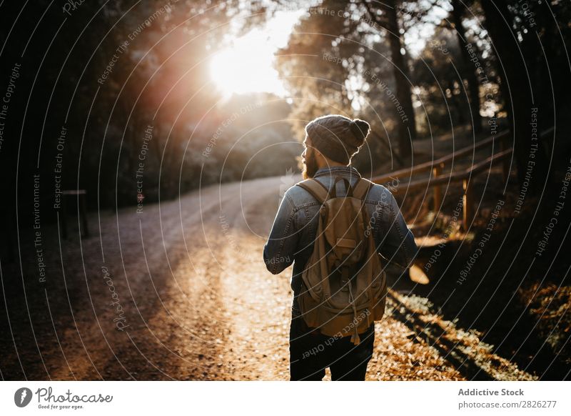 Mann mit Rucksack auf dem Land unterwegs Tourist Straße Wald Herbst Tourismus Ferien & Urlaub & Reisen Abenteuer Jugendliche Ausflug Backpacker Reisender