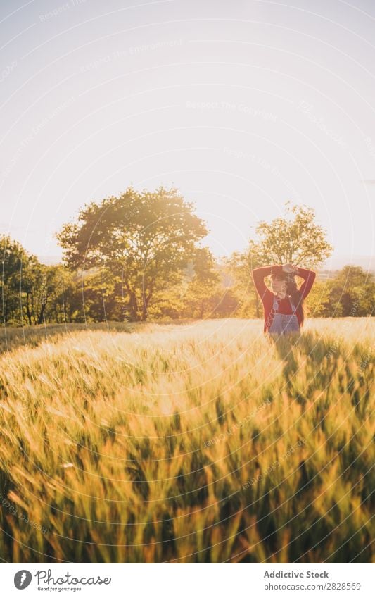 Frau geht auf dem Feld spazieren laufen genießen Abend Natur schön Mädchen Beautyfotografie Jugendliche Gras Wiese Freiheit Fröhlichkeit Sonne Herbst Lifestyle