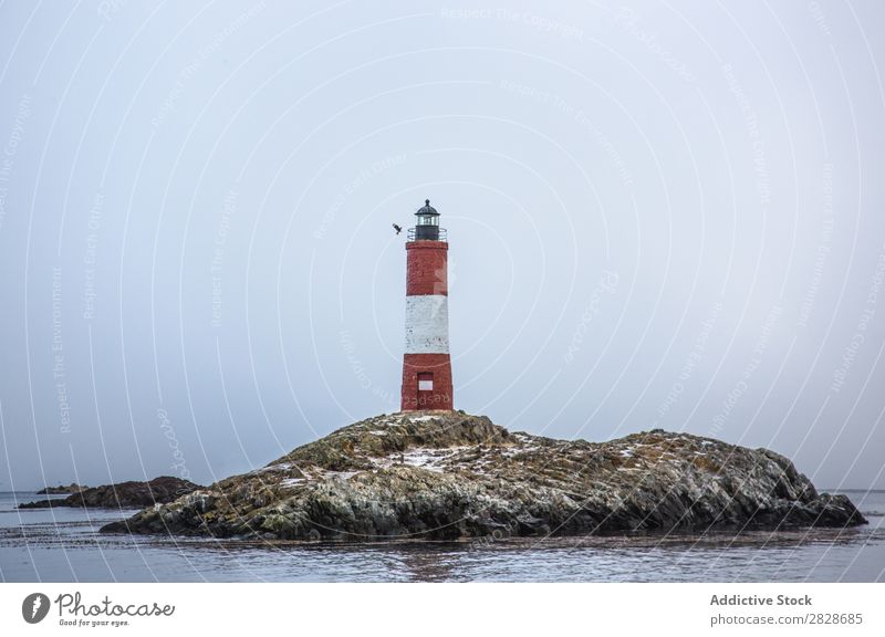 Leuchtturm auf einer felsigen Insel Felsen Nebel Meer Außenseite Navigation Verwarnung Wolken Wasser Natur Turm geheimnisvoll mystisch Strukturen & Formen